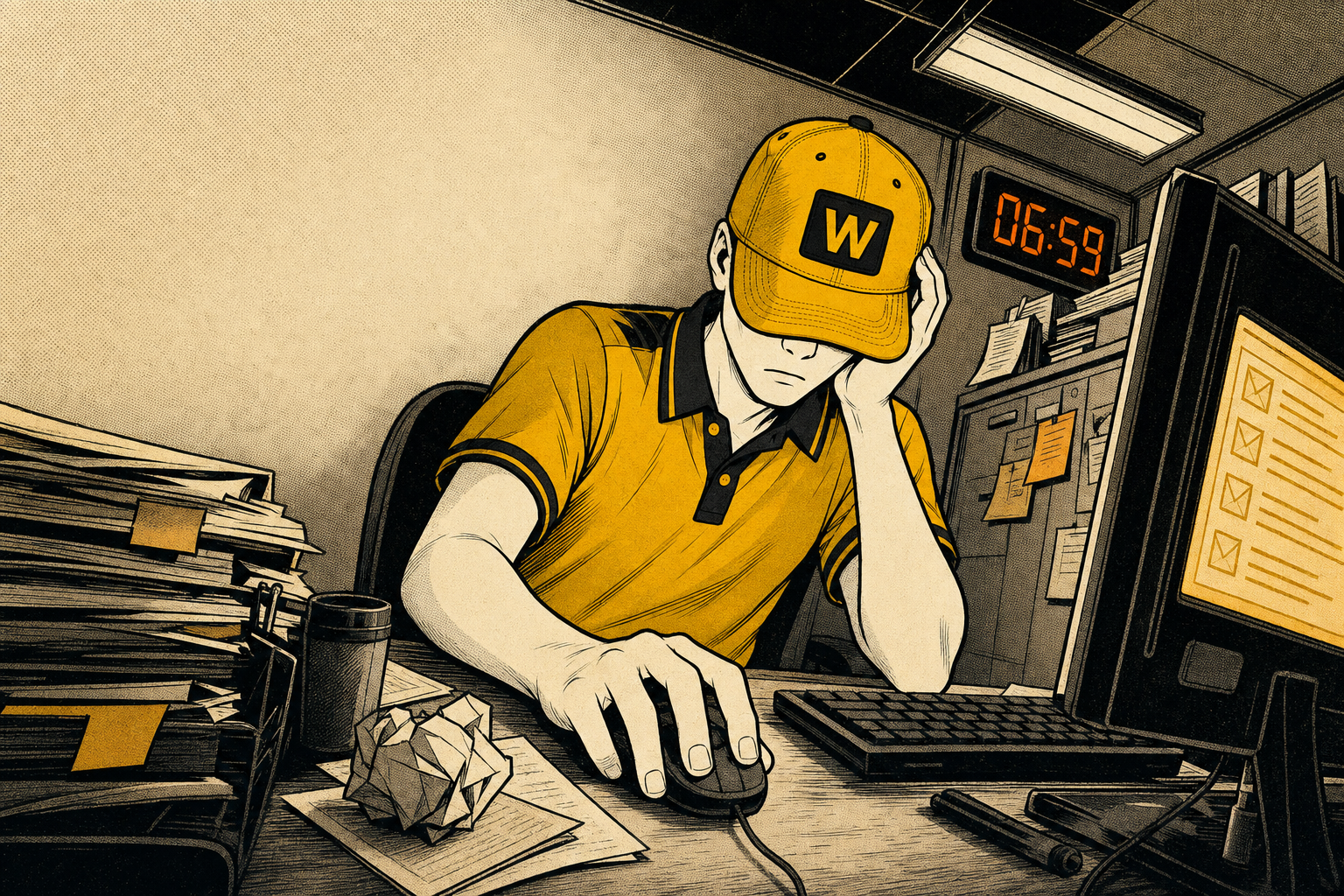 WAGIE waits at a cluttered desk one minute before the shift